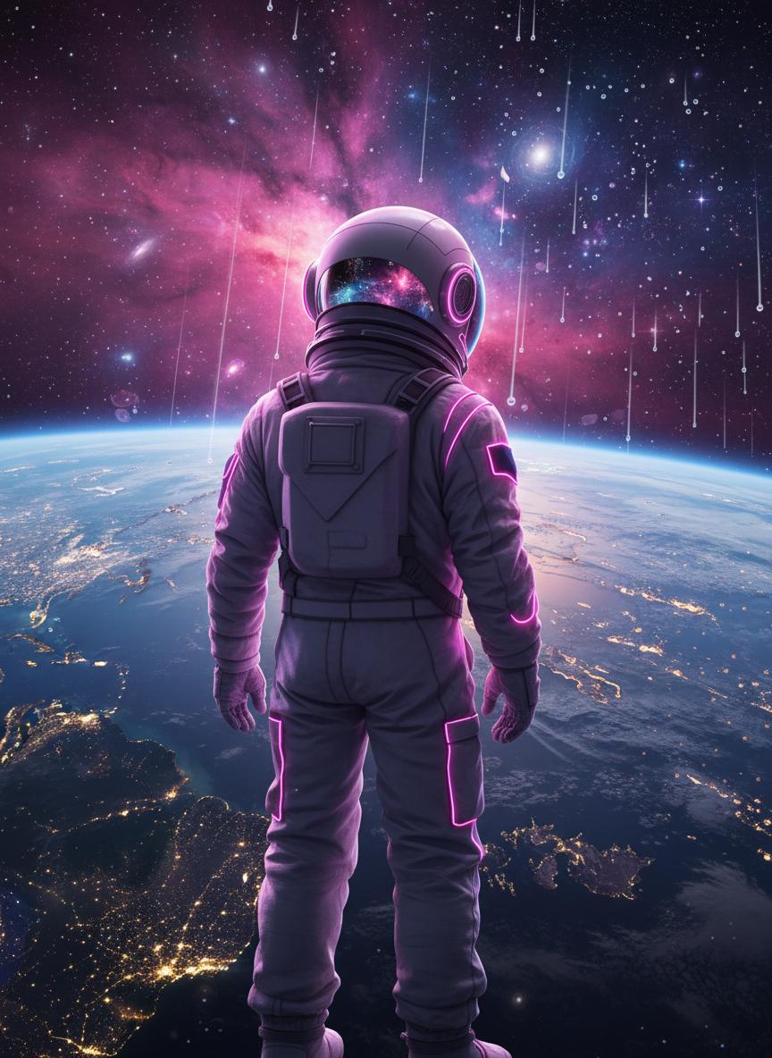 Astronaut overlooking Earth with nebula